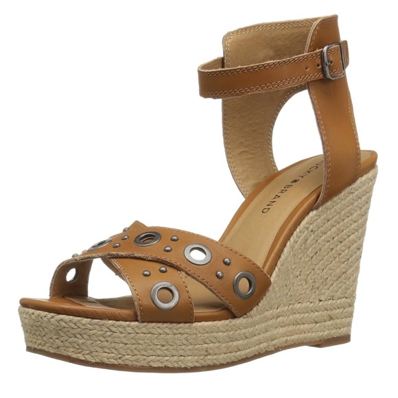 NIB Lucky Brand Leander Cafe Scilla Brown Grommet Platform Wedge Sandals 6.5 - Picture 1 of 8